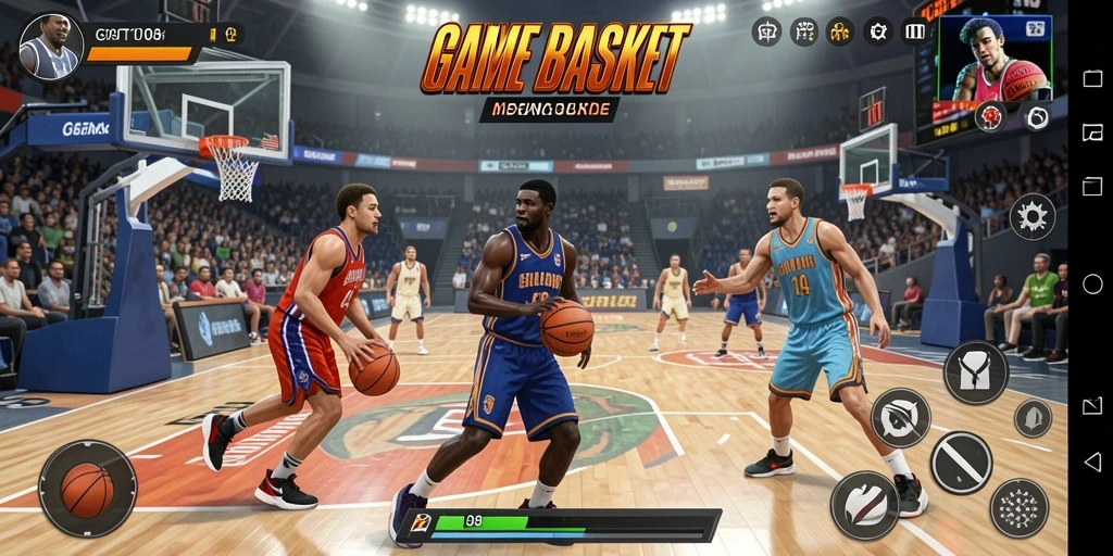Tampilan antarmuka game basket dengan grafis realistis.