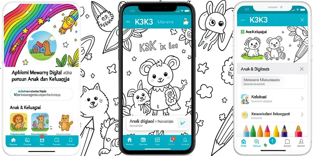 Antarmuka K3K3 dengan gambar dan alat mewarnai yang berwarna-warni.