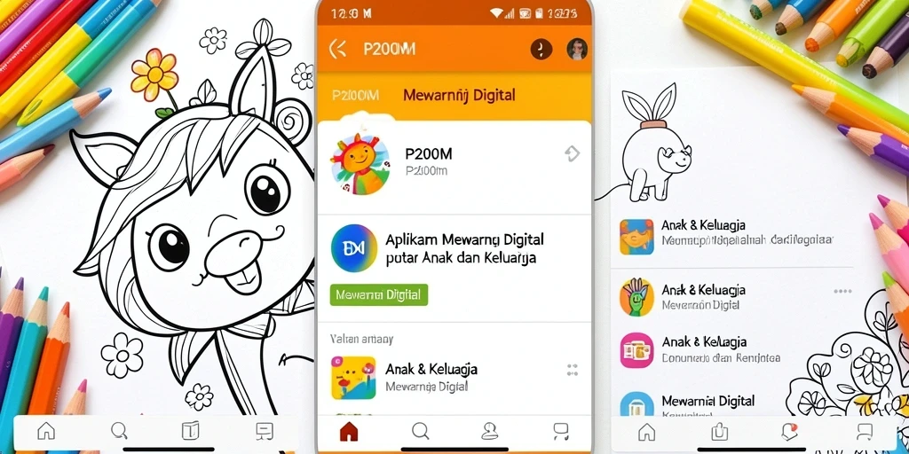Screenshot P200M menunjukkan antarmuka aplikasi Mewarnai Digital yang menarik.