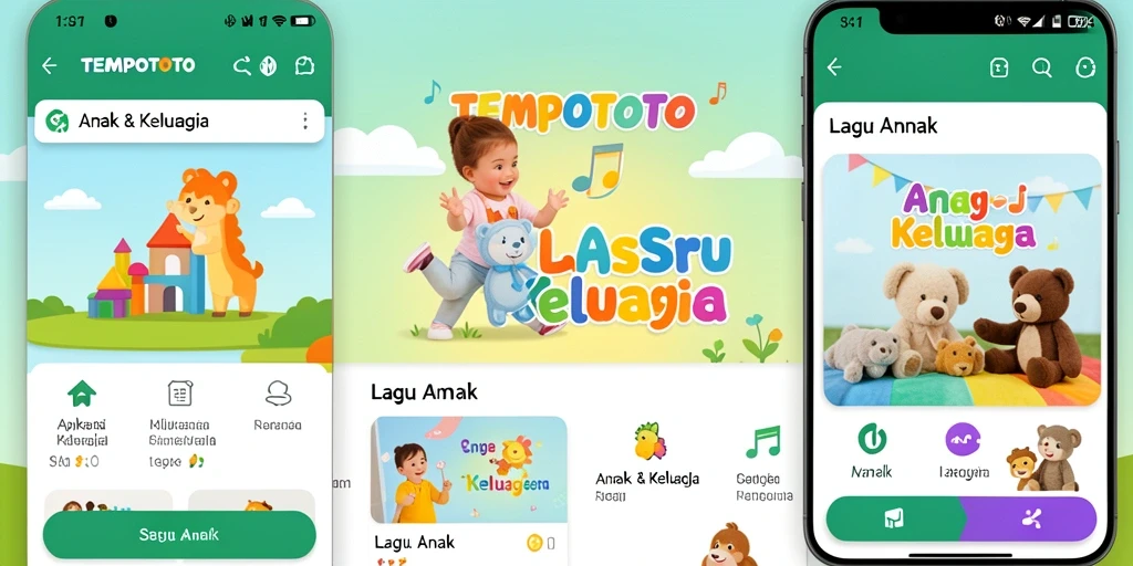 Tampilan antarmuka aplikasi TEMPOTOTO dengan berbagai pilihan lagu anak.